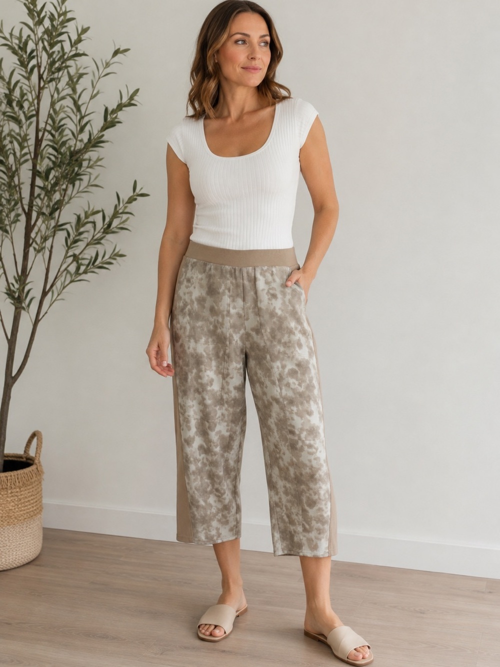 NWOT LOGO Life by Lori Goldstein Waffle Knit Wide Leg Pant 1X Tan Pull On Casual